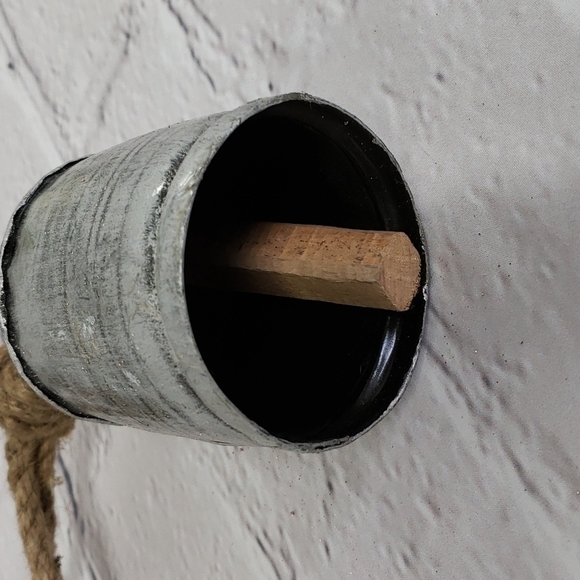 Set of 3 Cow Bell Ornaments Silver Pewter Look Metal & Rope Wood Clangor Medium - Picture 2 of 5